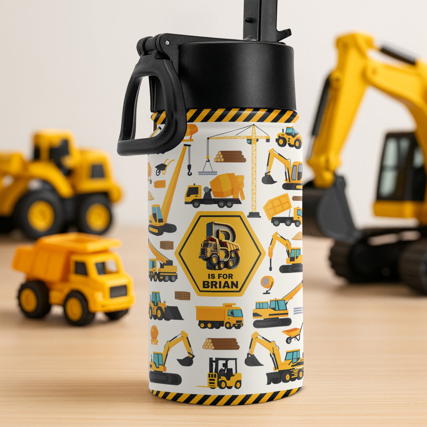 Construction Vehicles, Unicorn Letter - Personalized Kids Water Bottle With Straw Lid