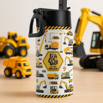 Construction Vehicles, Unicorn Letter - Personalized Kids Water Bottle With Straw Lid