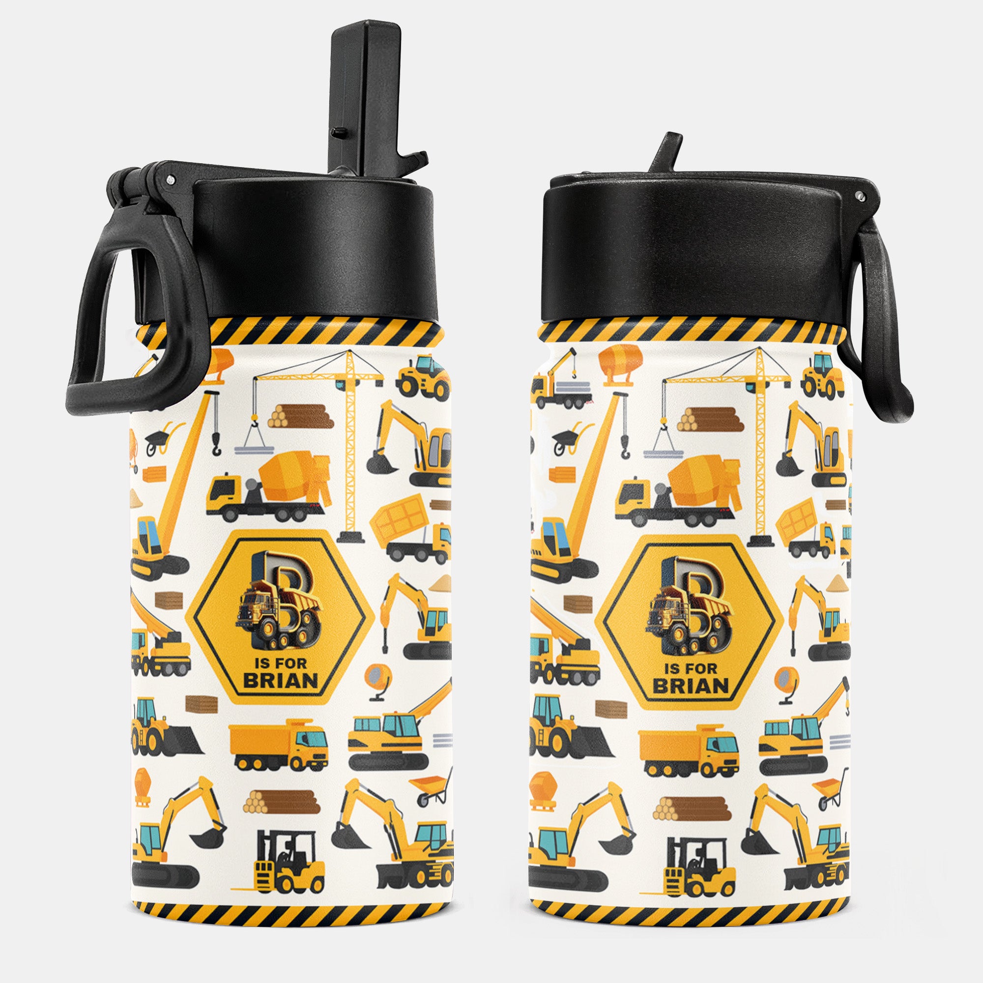 Construction Vehicles, Unicorn Letter - Personalized Kids Water Bottle With Straw Lid