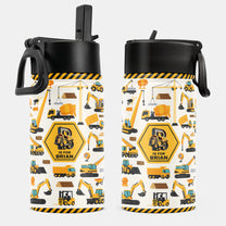 Construction Vehicles, Unicorn Letter - Personalized Kids Water Bottle With Straw Lid