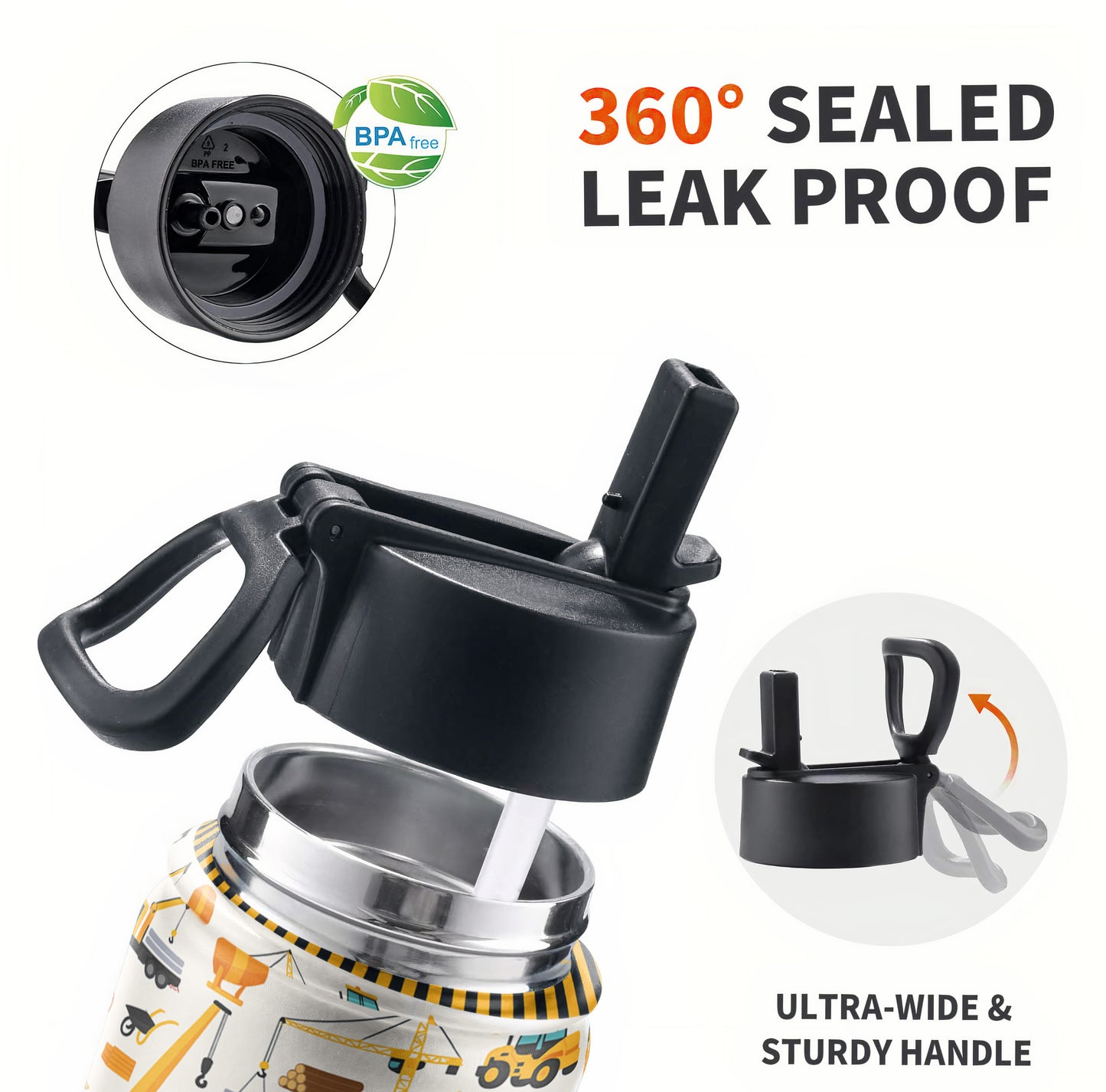 Construction Vehicles, Unicorn Letter - Personalized Kids Water Bottle With Straw Lid