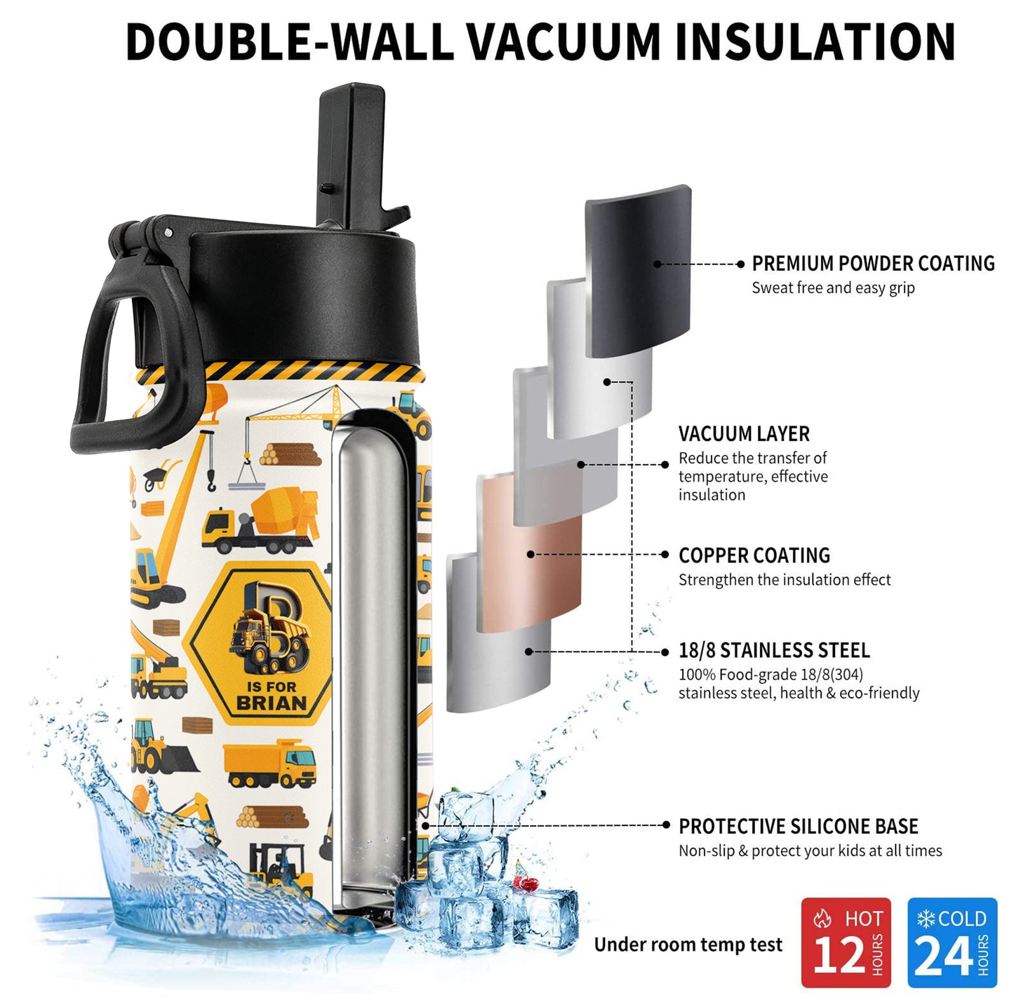 Construction Vehicles, Unicorn Letter - Personalized Kids Water Bottle With Straw Lid