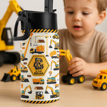 Construction Vehicles, Unicorn Letter - Personalized Kids Water Bottle With Straw Lid
