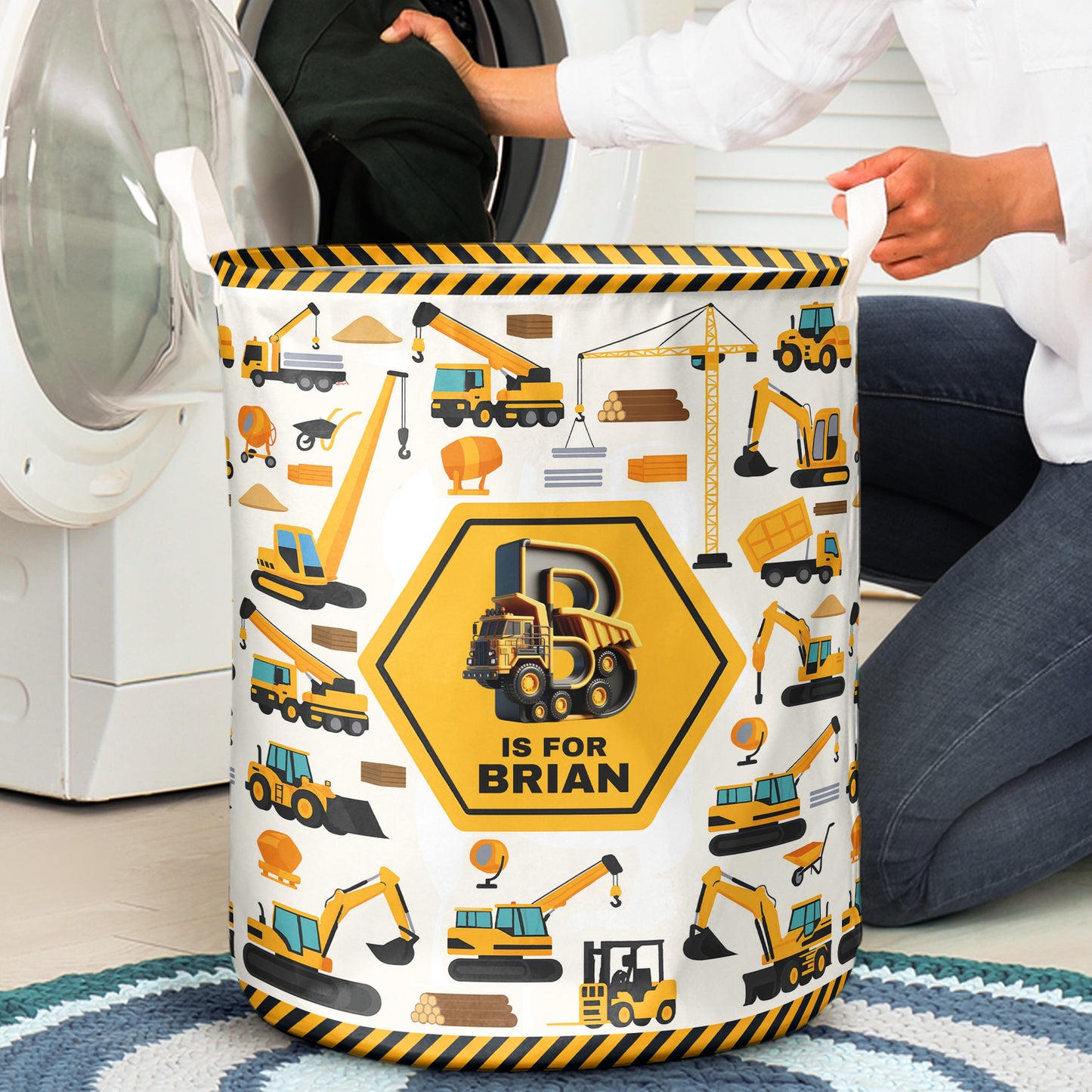 Construction Vehicles Truck, Unicorn Letter - Personalized Storage Basket