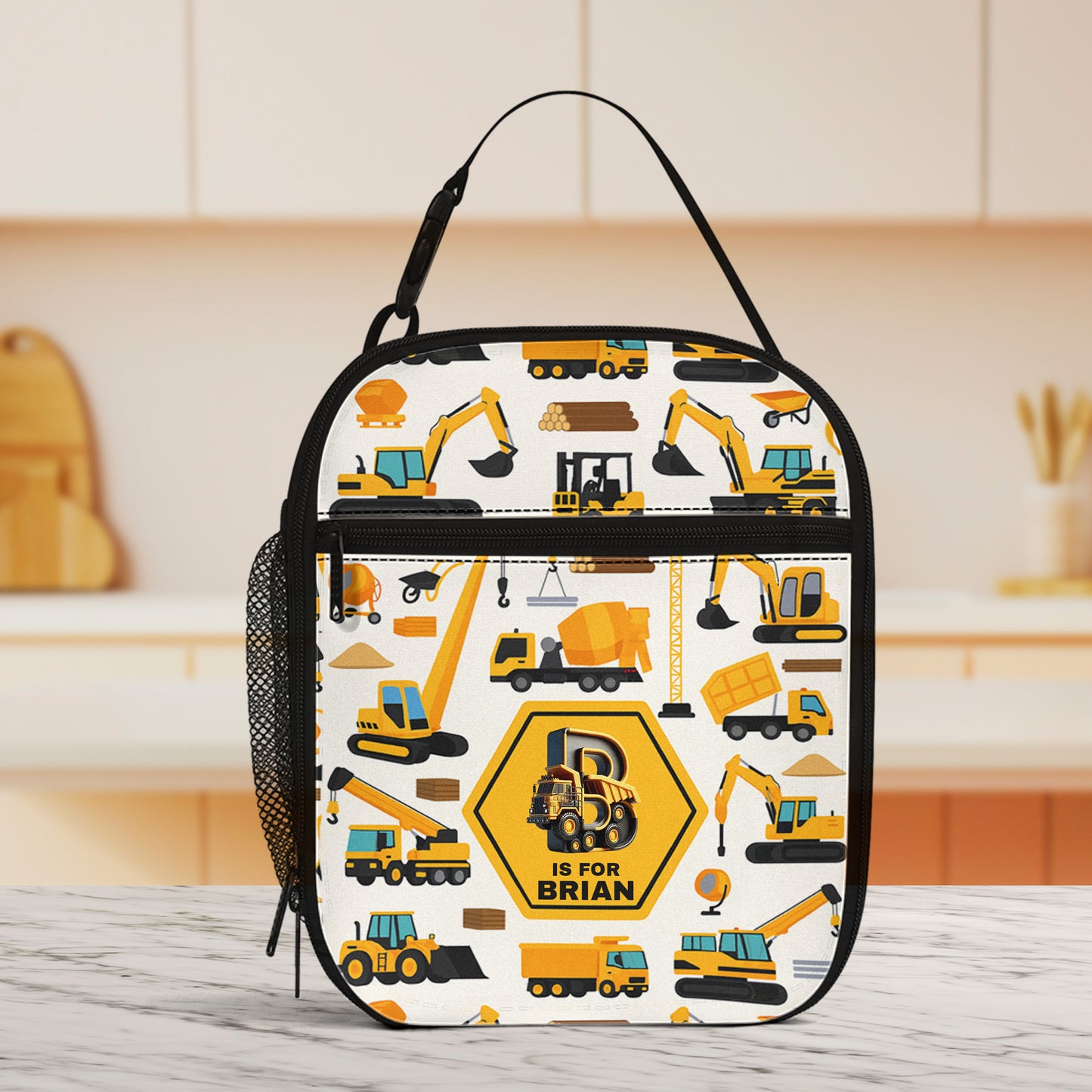 Construction Vehicles Truck, Unicorn Letter - Personalized Lunch Bag