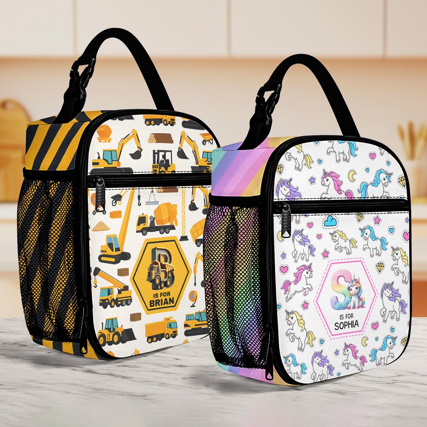 Construction Vehicles Truck, Unicorn Letter - Personalized Lunch Bag