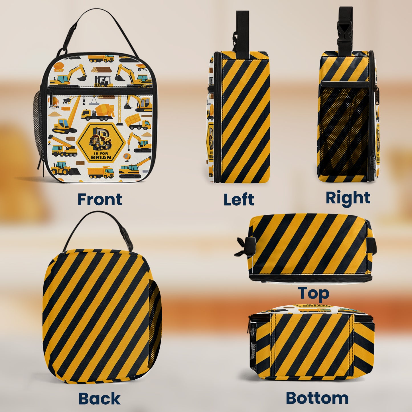 Construction Vehicles Truck, Unicorn Letter - Personalized Lunch Bag