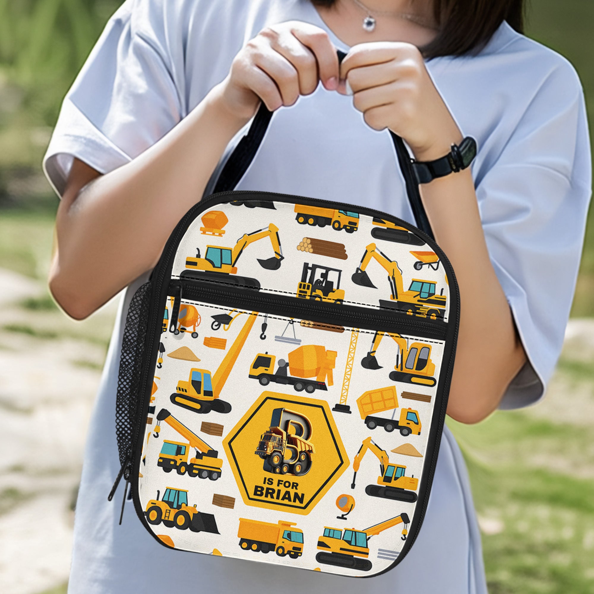 Construction Vehicles Truck, Unicorn Letter - Personalized Lunch Bag