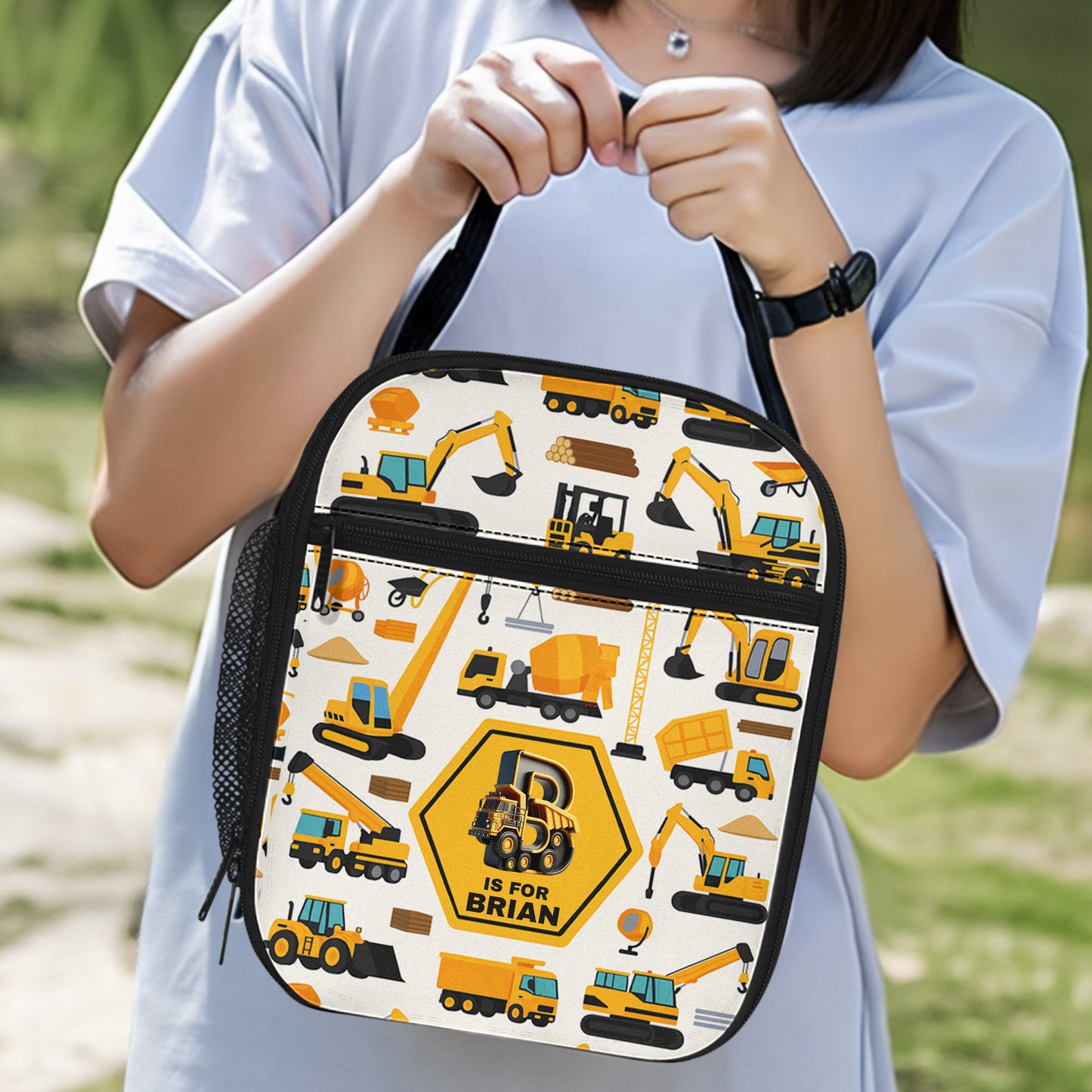 Construction Vehicles Truck, Unicorn Letter - Personalized Lunch Bag