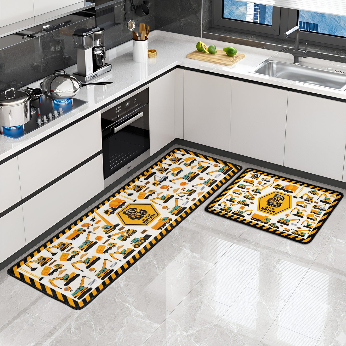 Construction Vehicles Truck, Unicorn Letter - Personalized Runner Rug