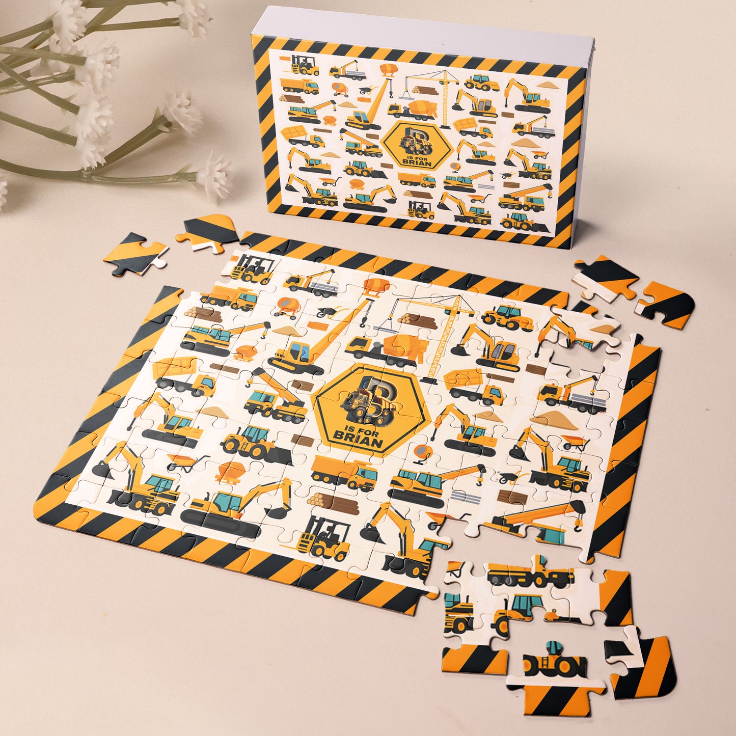 Construction Vehicles, Unicorn Letter - Personalized Jigsaw Puzzle