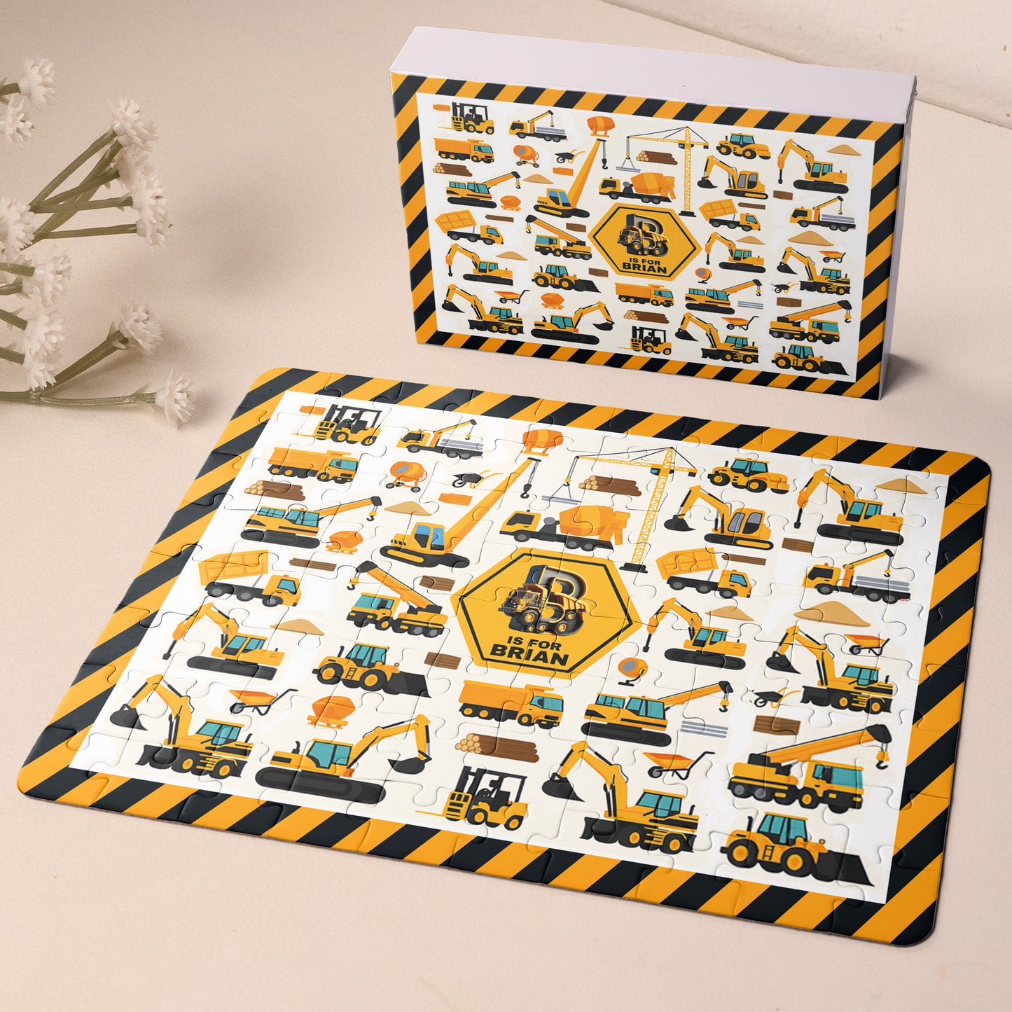 Construction Vehicles, Unicorn Letter - Personalized Jigsaw Puzzle