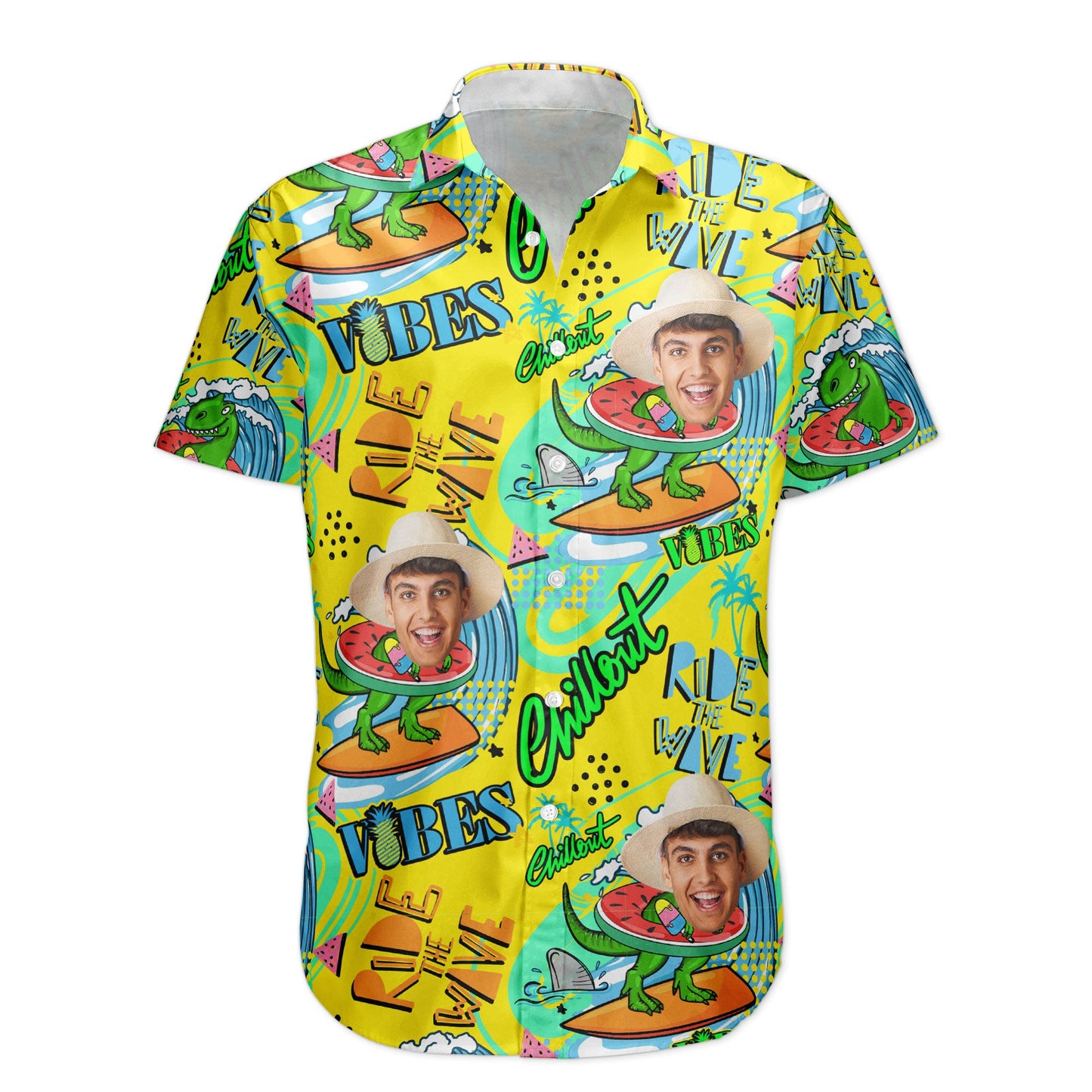 Cool Dinosaur On A Surfboard Ride The Wave - Personalized Photo Hawaiian Shirt