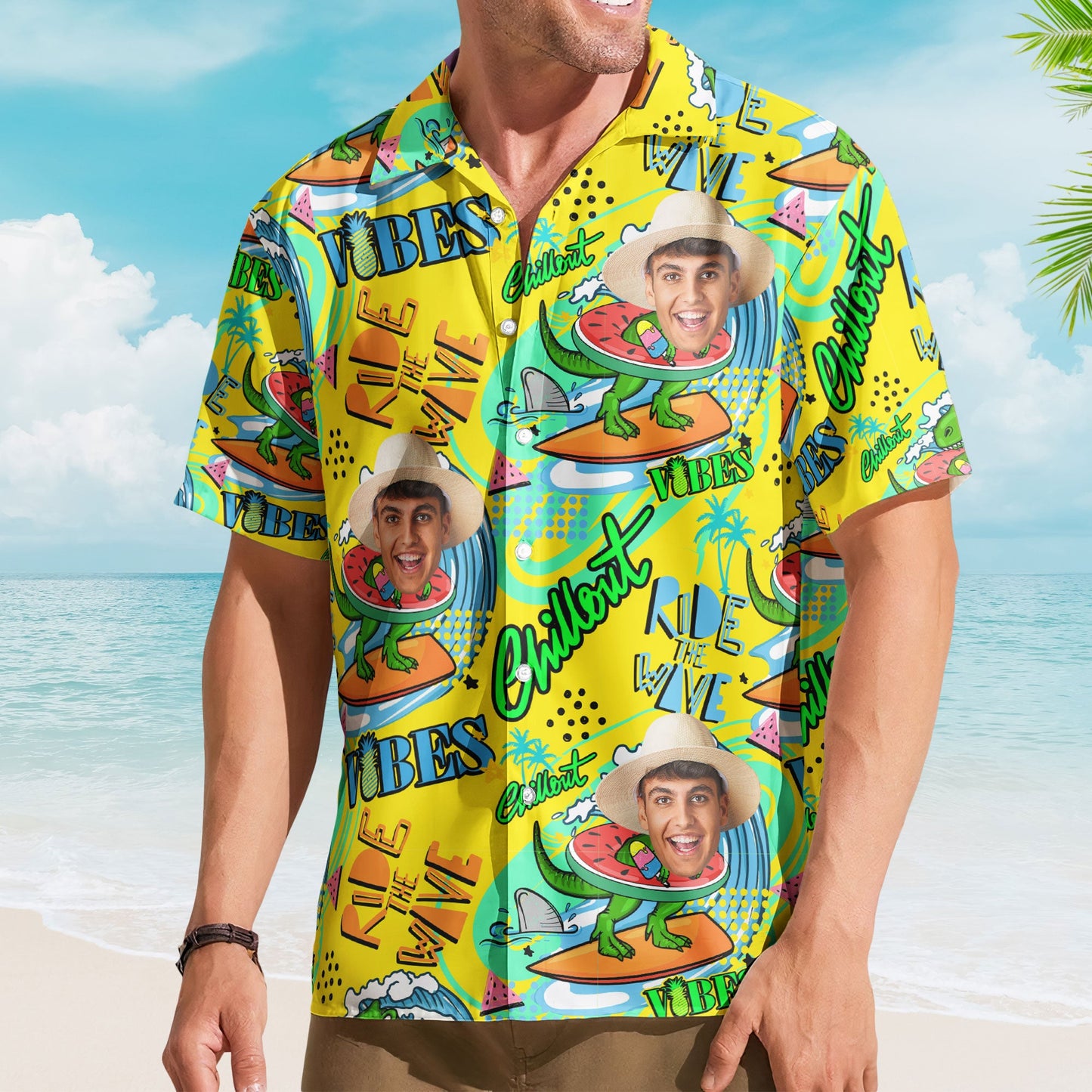 Cool Dinosaur On A Surfboard Ride The Wave - Personalized Photo Hawaiian Shirt