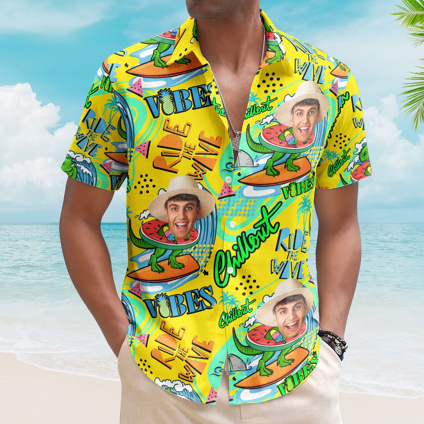 Cool Dinosaur On A Surfboard Ride The Wave - Personalized Photo Hawaiian Shirt