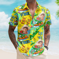 Cool Dinosaur On A Surfboard Ride The Wave - Personalized Photo Hawaiian Shirt