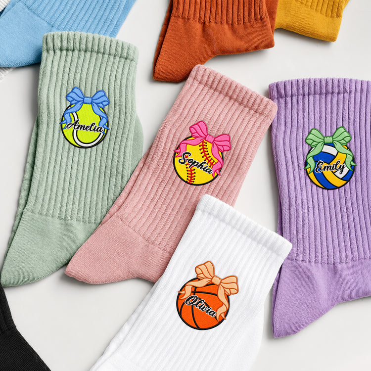 Coquette-Bow-Sport-Custom-Name-Gift-For-Softball,-Tennis,-Volleyball,-Basketball,-Soccer,-Hockey-Lovers-Personalized-Socks-1