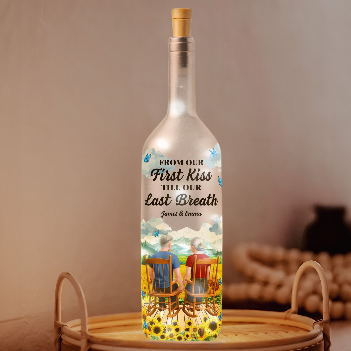 Couple Anniversary From Our First Kiss Till Our Last Breath - Personalized Bottle Lamp