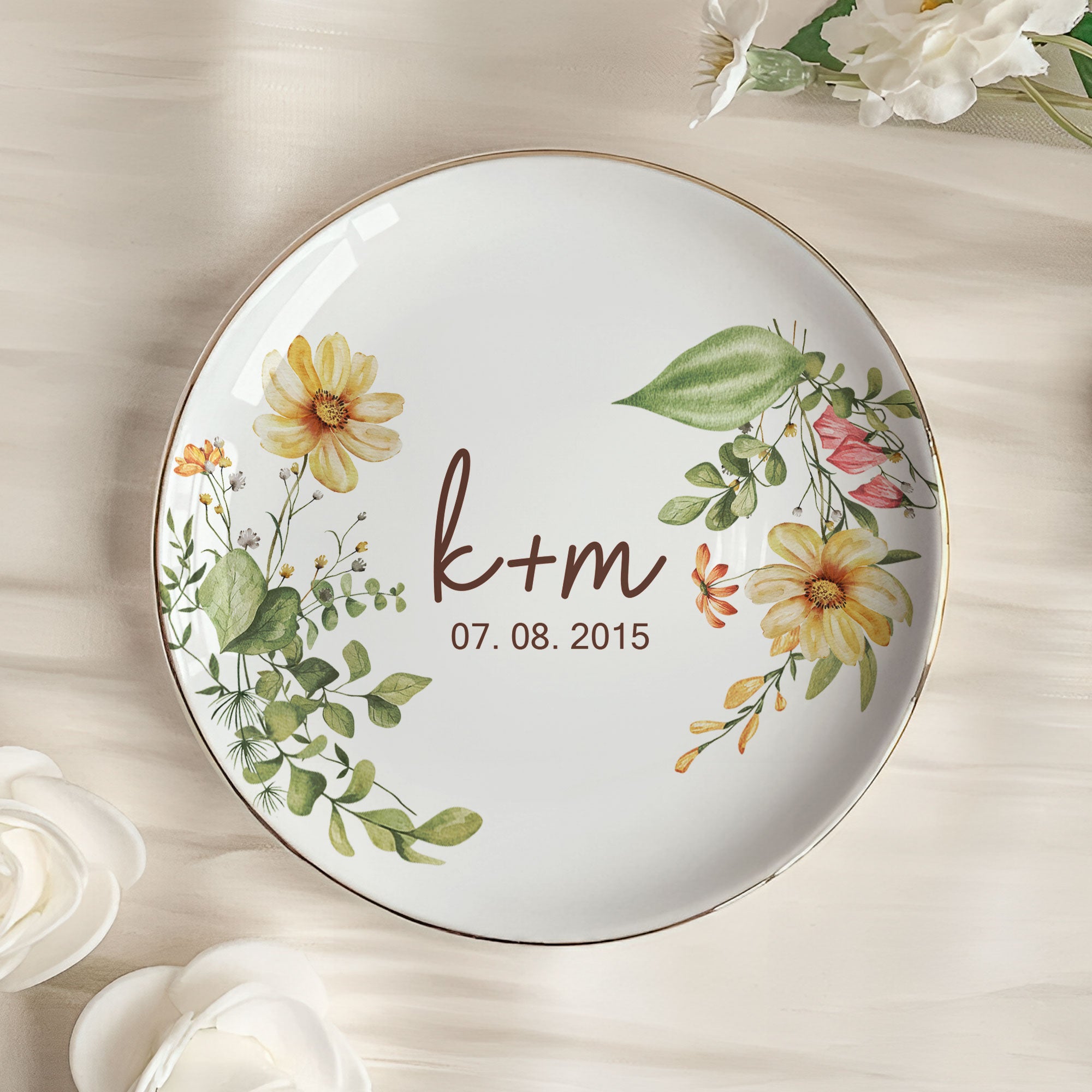 Couple Anniversary Gift Floral Style - Personalized Jewelry Dish