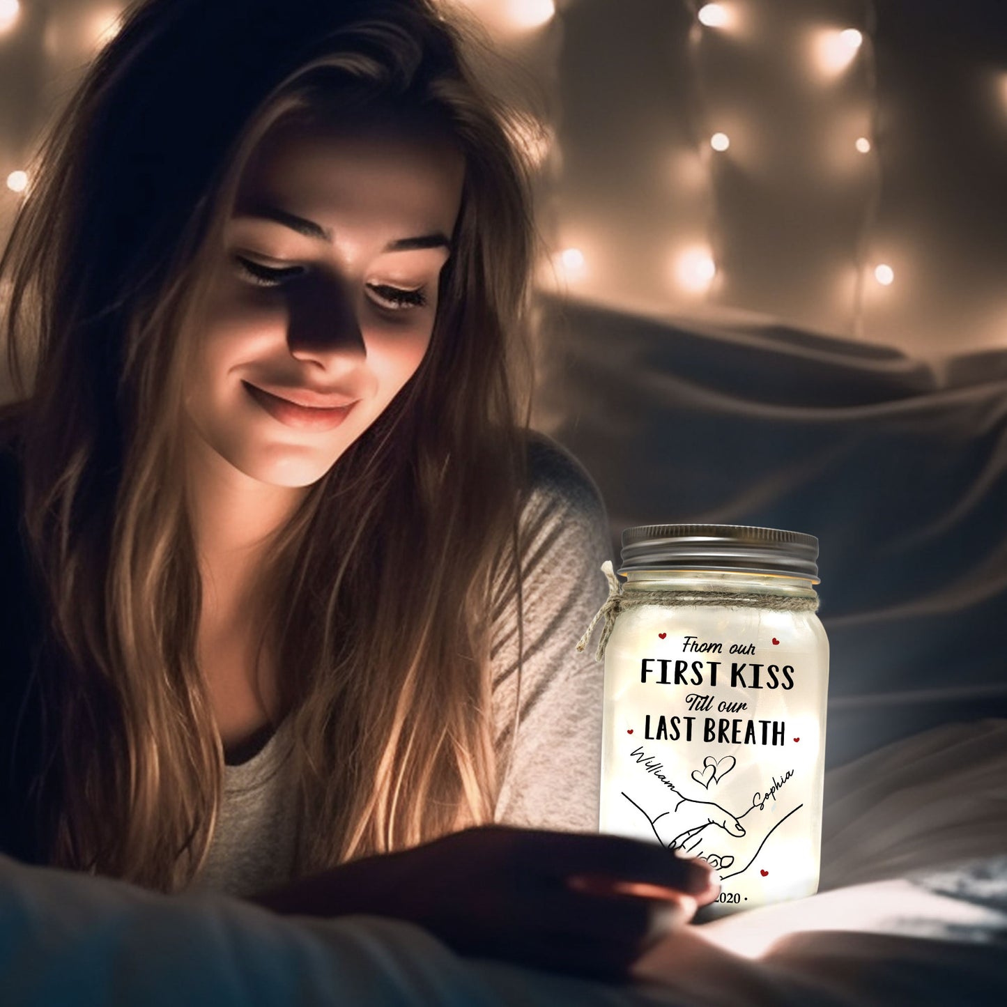 Couple Light From Our First Kiss Till Our Last Breath - Personalized Mason Jar Light