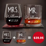 Couple Matching Drinking Mr & Mrs - Personalized Whiskey Glass And Wine Glass Set
