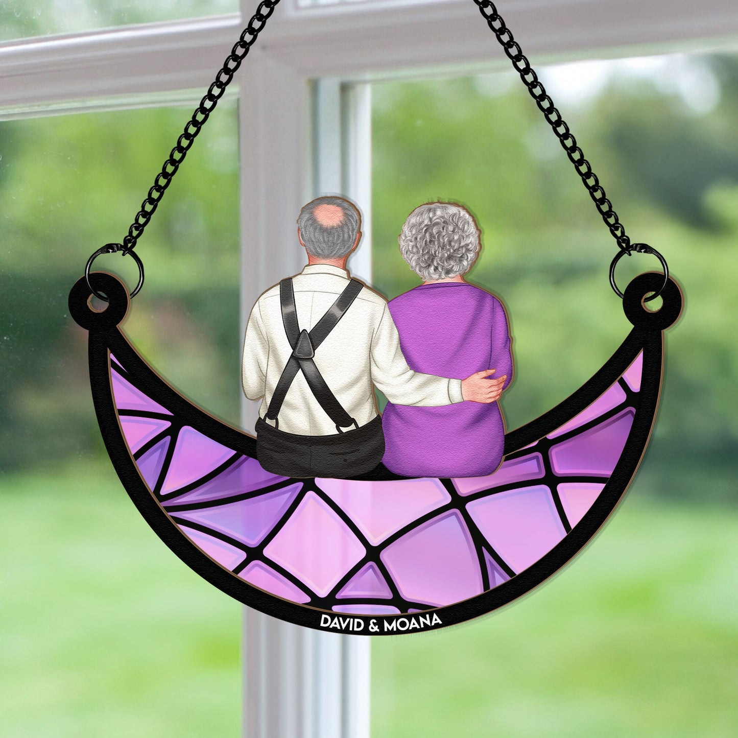 Couple Sitting On The Moon - Personalized Window Hanging Suncatcher Ornament