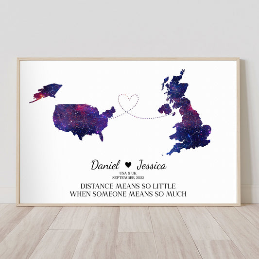 Couple Star Map With Country - Distance Means So Little - Personalized Poster