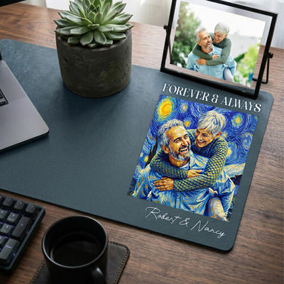 Couple Photo Van Gogh Art Forever & Always Anniversary Gift For Him, Her - Personalized Desk Mat