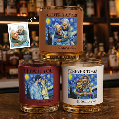 Couple Photo Van Gogh Art Forever & Always Anniversary Gift For Him, Her - Personalized Whiskey Glass