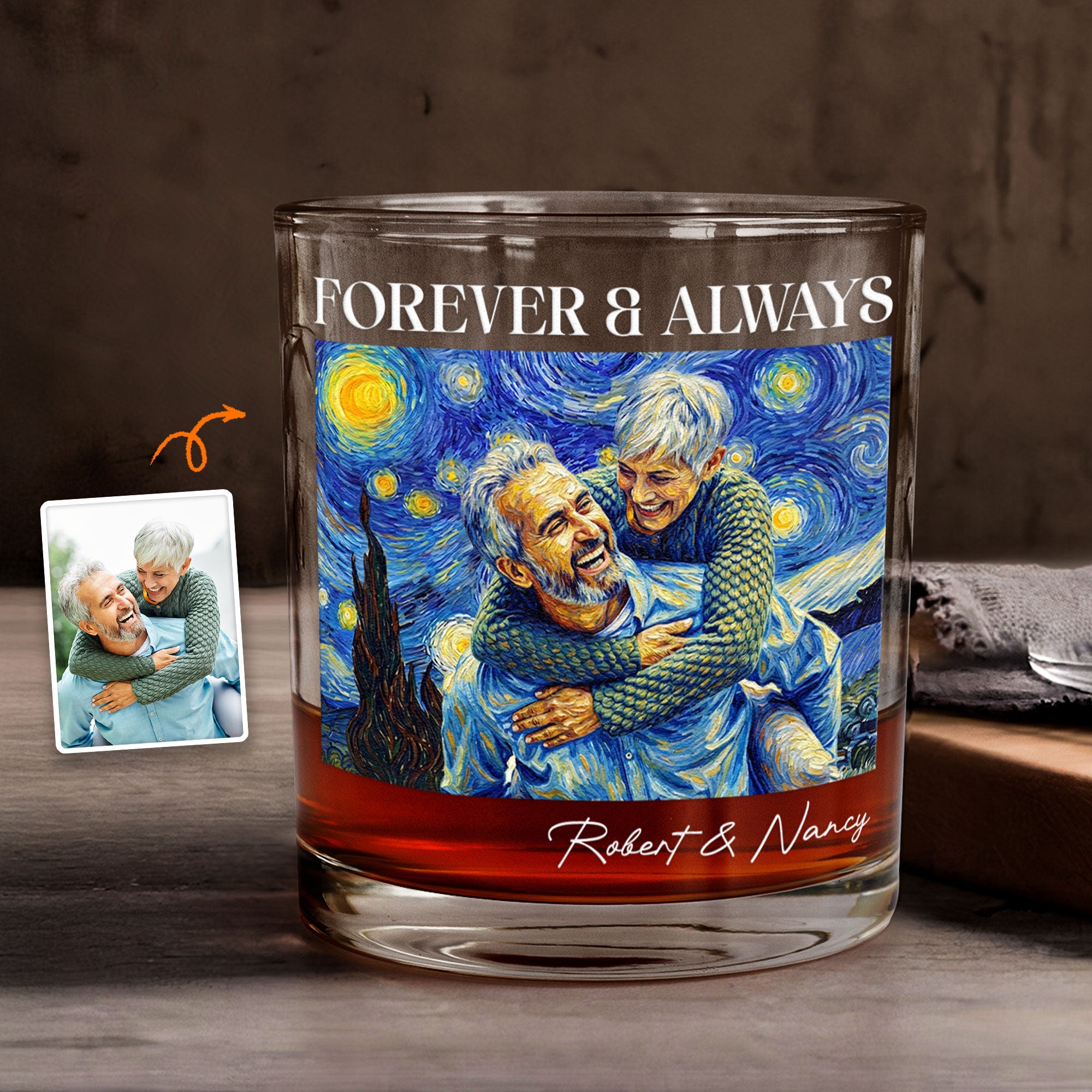 Couple-Photo-Van-Gogh-Art-Forever-&-Always-Personalized-Whiskey-Glass-1