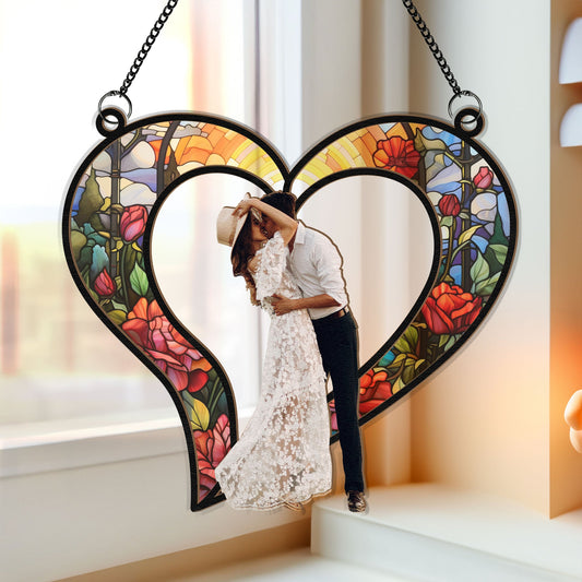 Couples Heart Love Anniversary Gifts - Personalized Photo Window Hanging Suncatcher Ornament