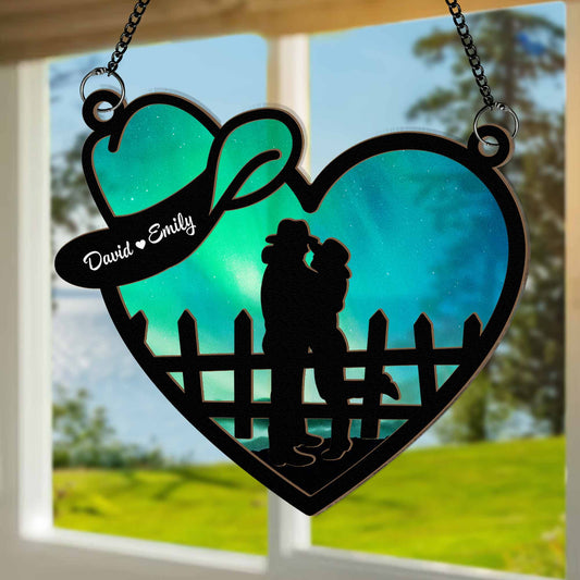 Cowboy And Cowgirl In Love - Personalized Window Hanging Suncatcher Ornament