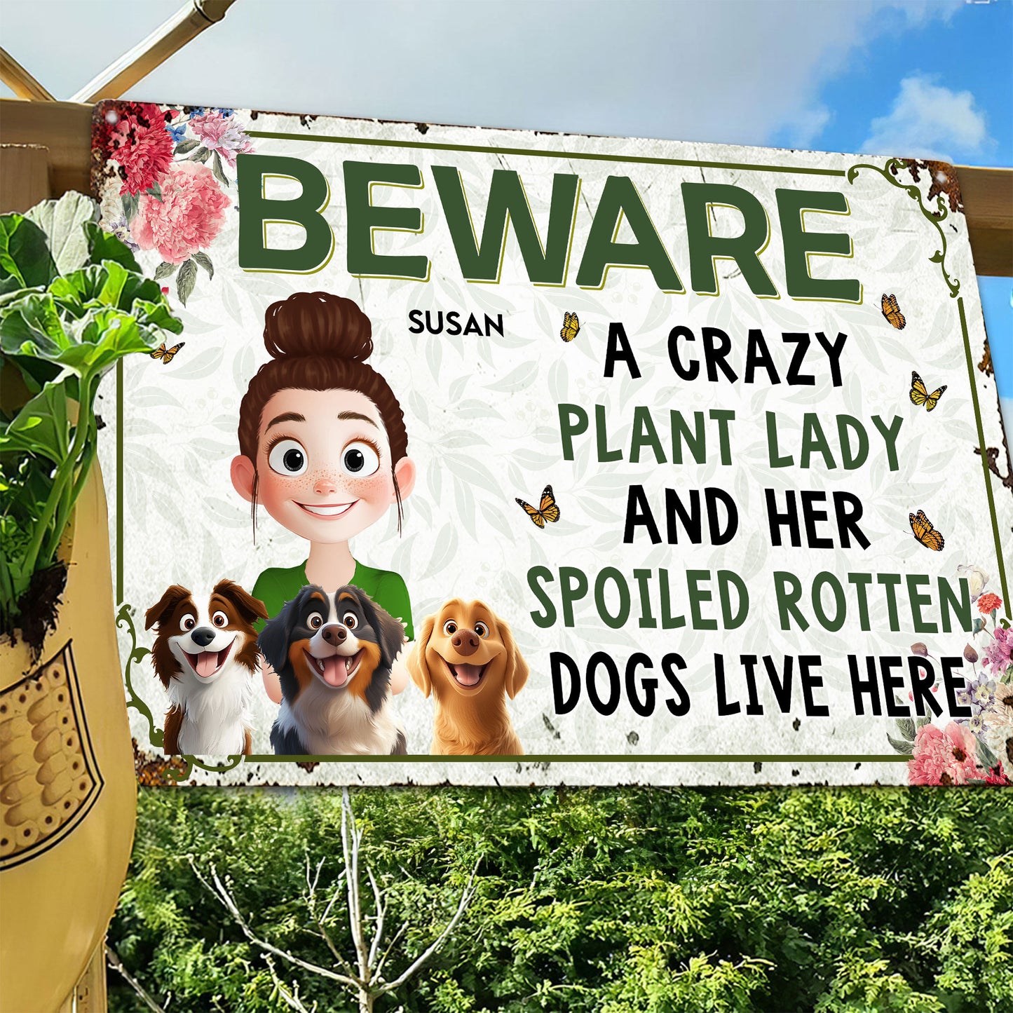 Crazy Plant Lady & Her Dogs - New Cartoon Pet - Personalized Metal Sign