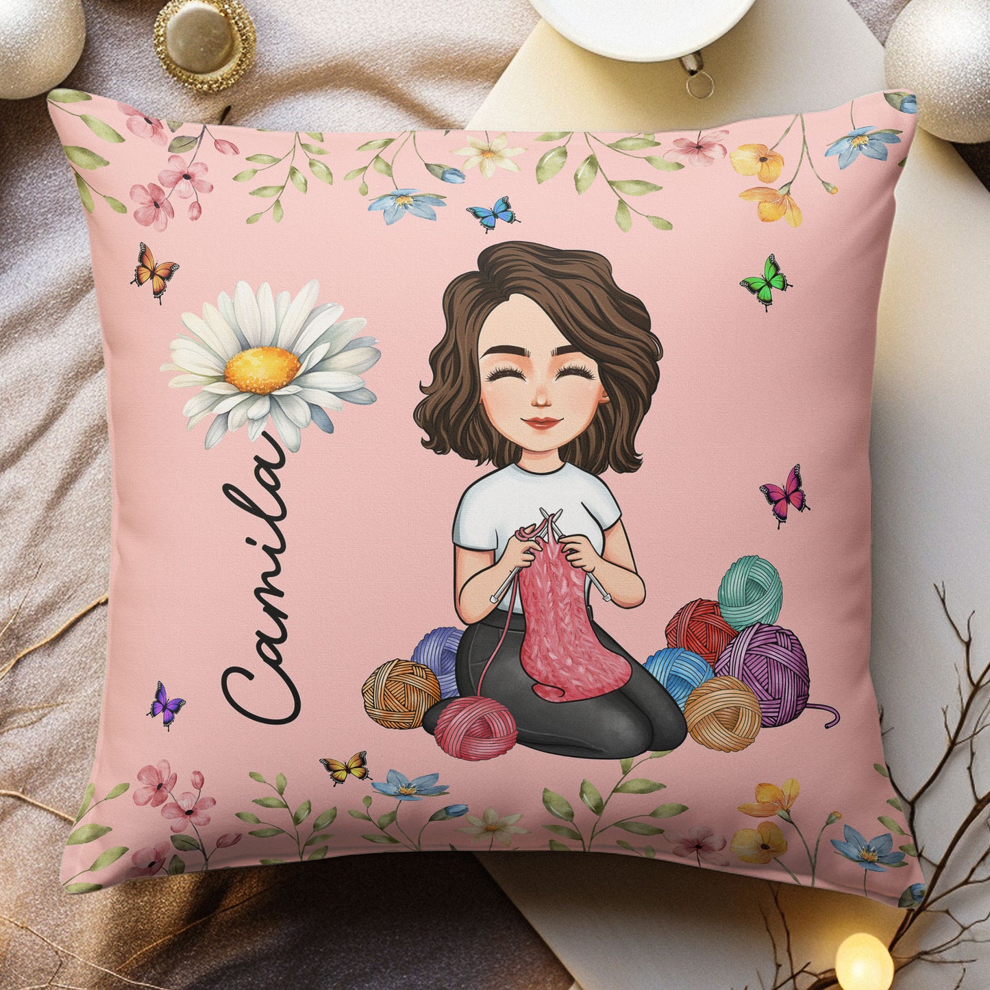 Crochet Knitting Lover, Birth Flower - Personalized Pillow (Insert Included)