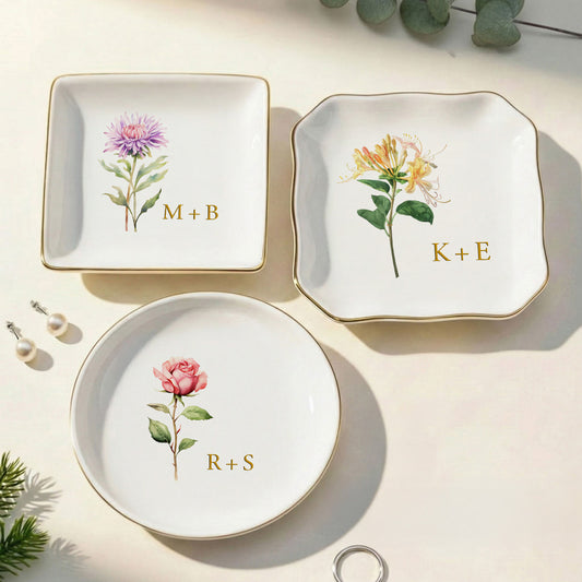 Custom Anniversary Month Flower Gift For Couples - Personalized Jewelry Dish