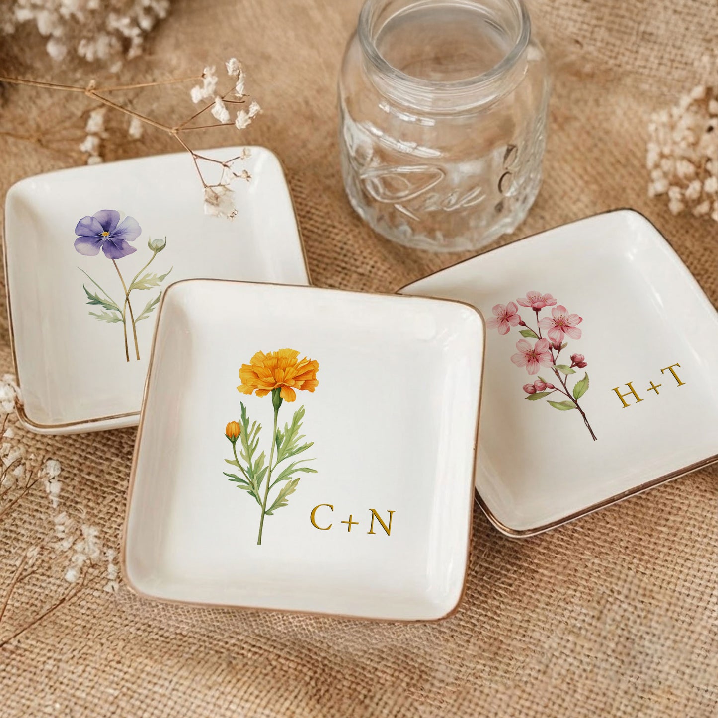 Custom Anniversary Month Flower Gift For Couples - Personalized Jewelry Dish