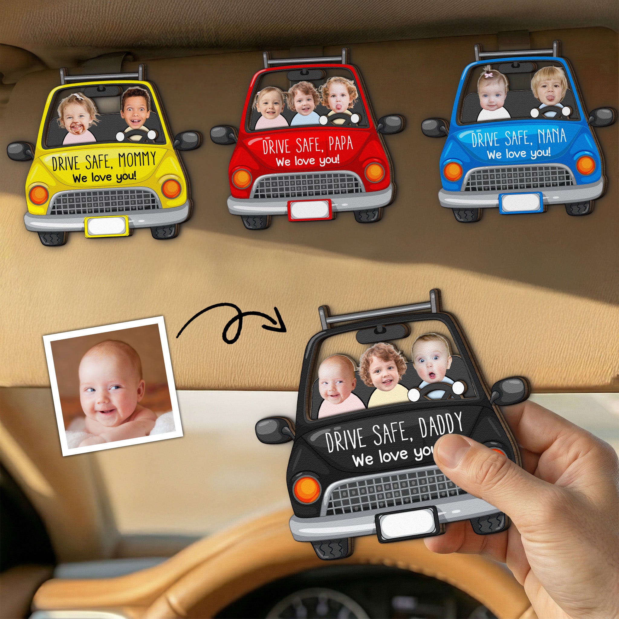 Custom Babies Face Drive Safe Daddy - Personalized Wooden Photo Car Visor Clip