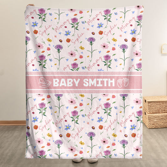 Custom Baby And Mom Name Birthday Flower - Personalized Blanket