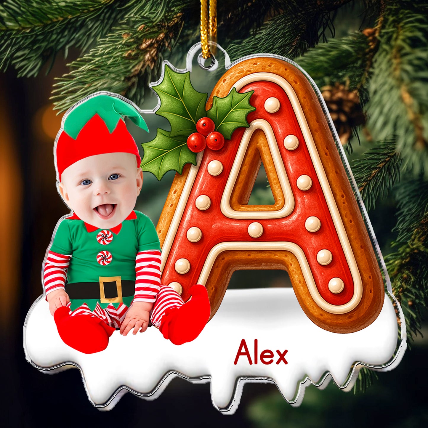 Custom Baby Face Elf Gingerbread Alphabet - Personalized Acrylic Photo Ornament