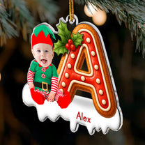 Custom Baby Face Elf Gingerbread Alphabet - Personalized Acrylic Photo Ornament