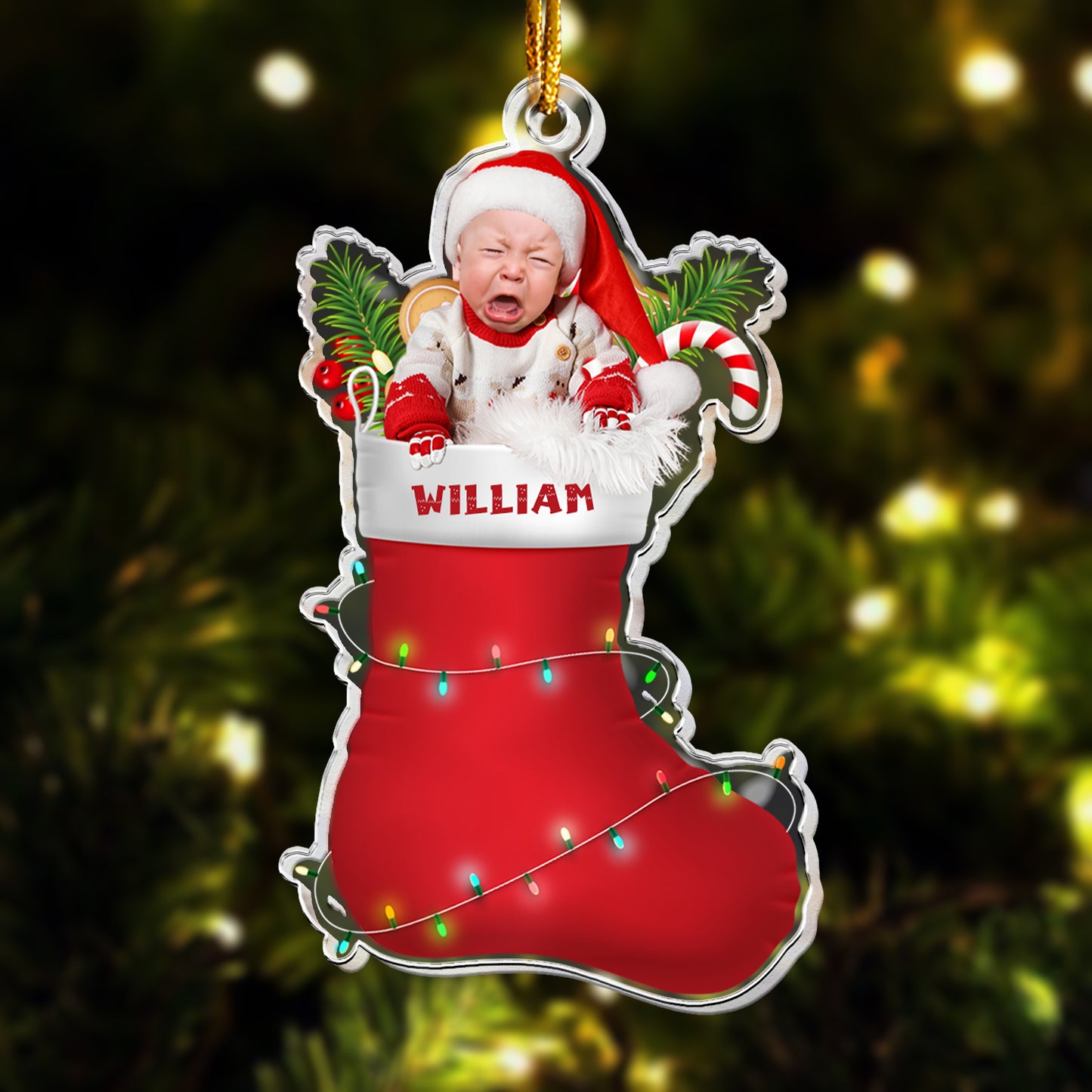 Custom Baby In Christmas Sock - Personalized Acrylic Photo Ornament