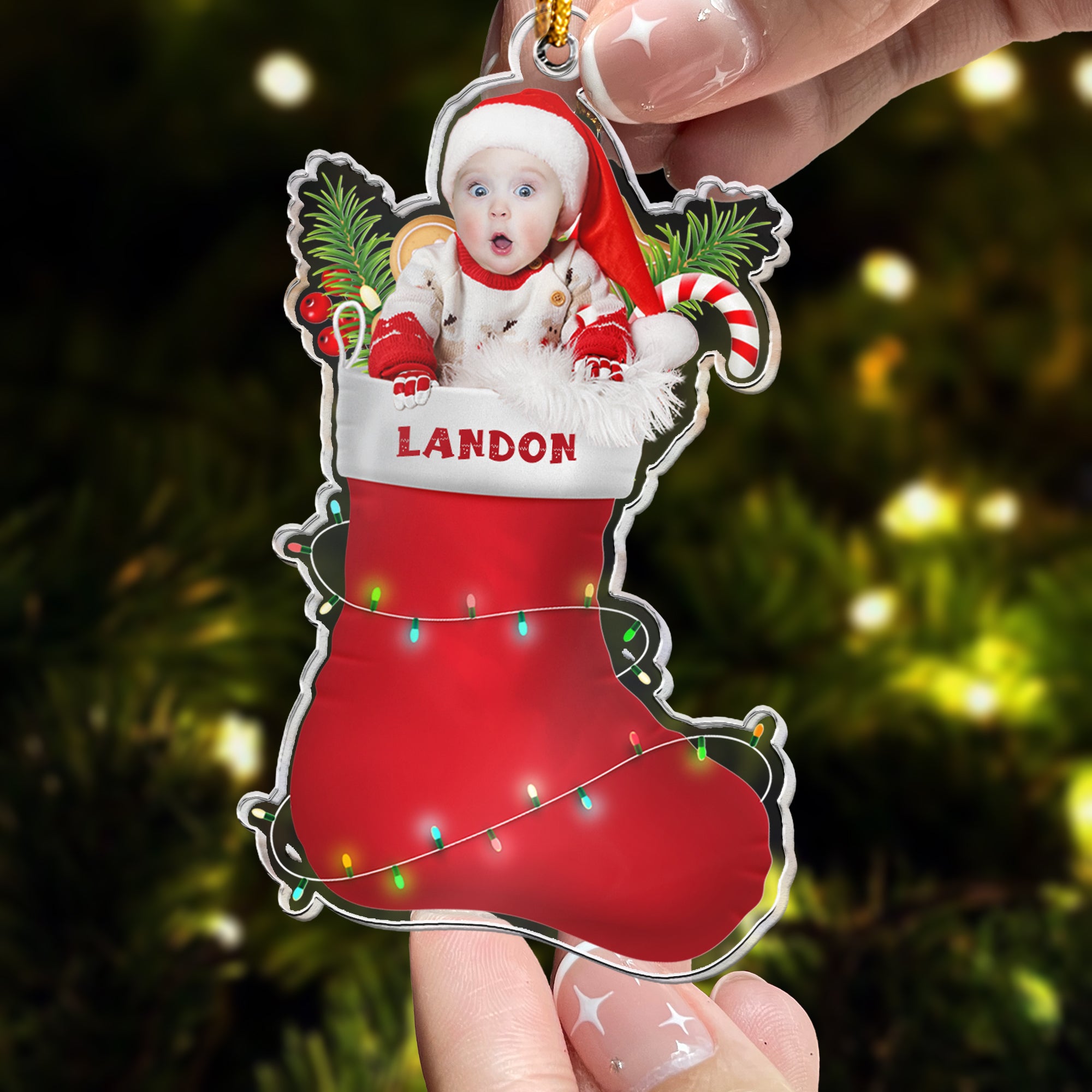 Custom Baby In Christmas Sock - Personalized Acrylic Photo Ornament