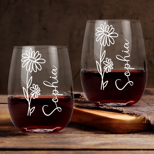 Custom Beautiful Flowers - Personalized Stemless Wine Glass