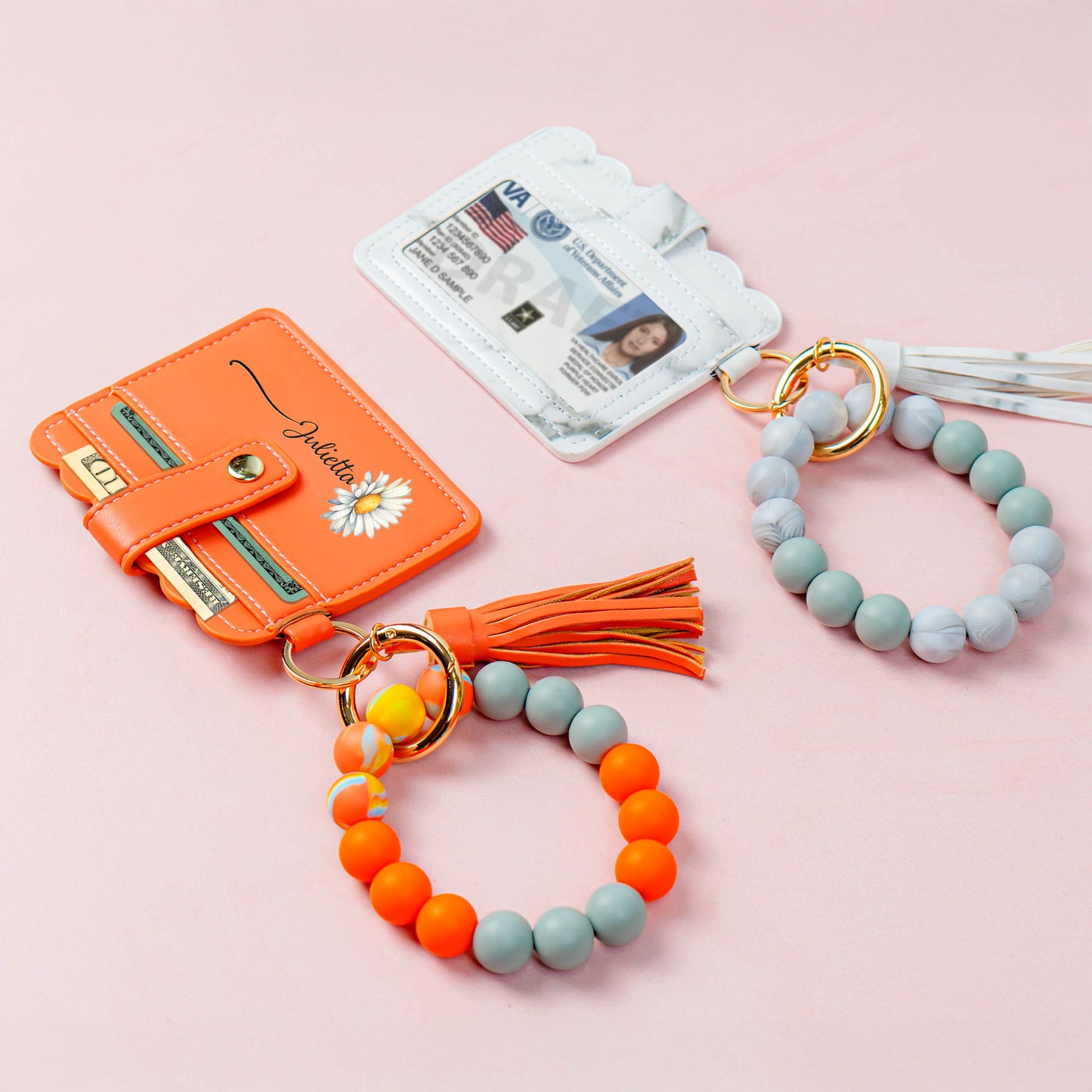 Custom Birth Flower For Daughter, Friend, Mom - Personalized Keychain Wristlet Leather Wallet