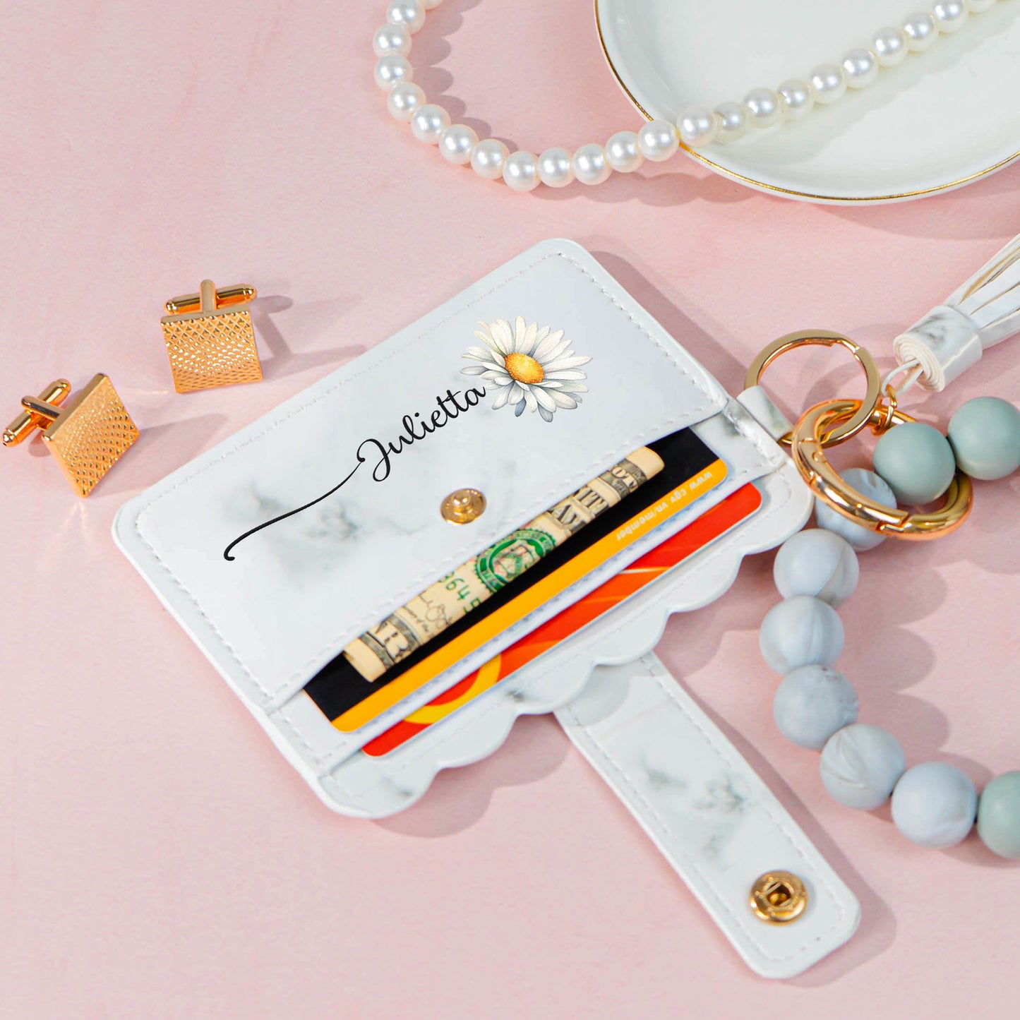 Custom Birth Flower For Daughter, Friend, Mom - Personalized Keychain Wristlet Leather Wallet