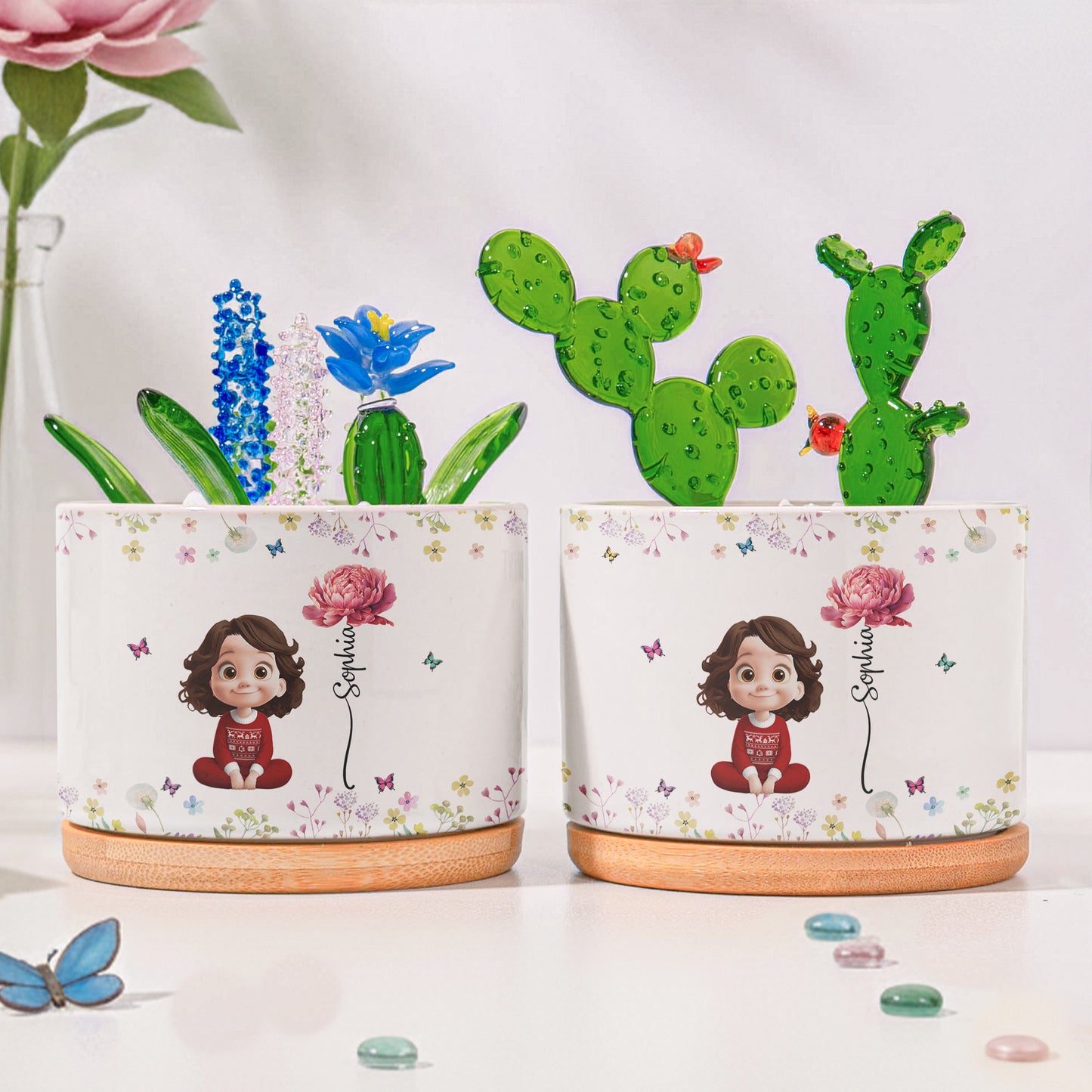 Custom Birth Flower For Friends, Daughter, Granddaughter - Personalized Plant Pot With Glass Succulents