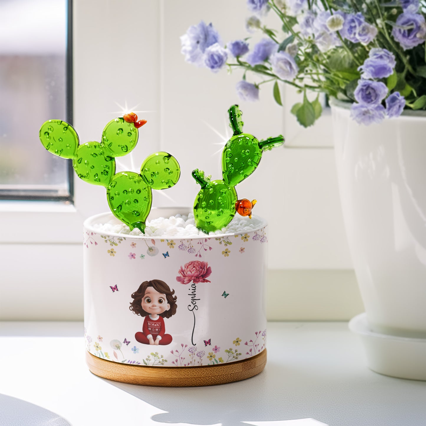 Custom Birth Flower For Friends, Daughter, Granddaughter - Personalized Plant Pot With Glass Succulents