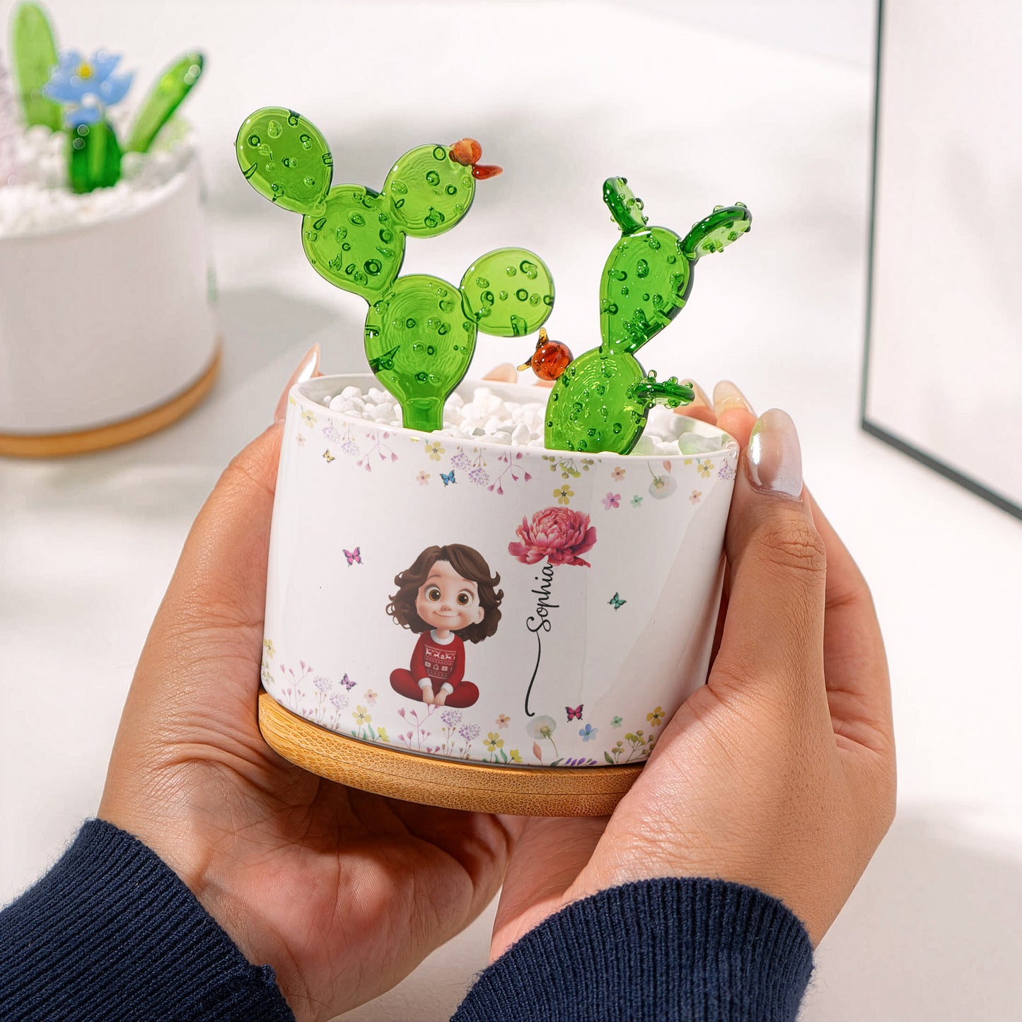 Custom Birth Flower For Friends, Daughter, Granddaughter - Personalized Plant Pot With Glass Succulents