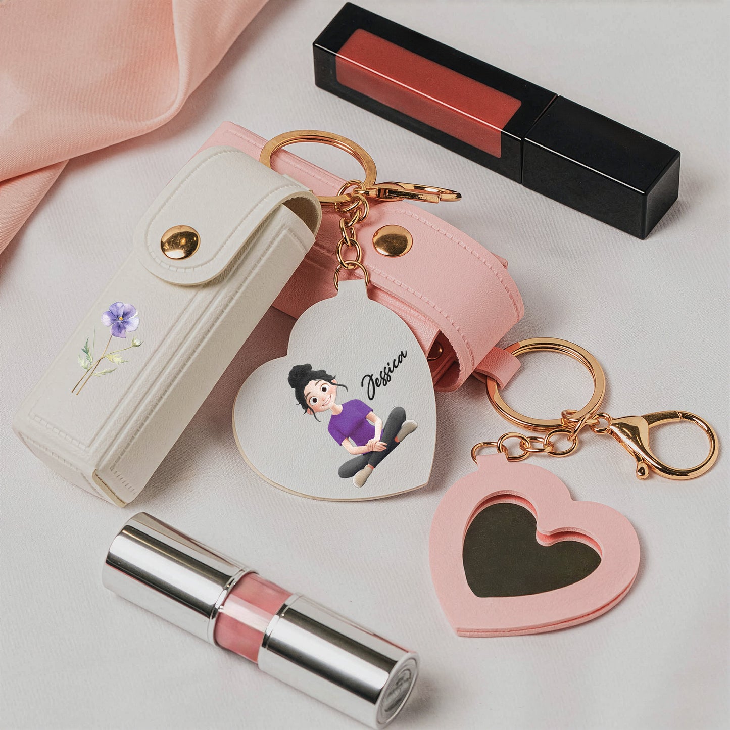 Custom Birth Flower For Her, Daughter, Wife Light Ver - Personalized Leather Lipstick Case With Mirror Keychain