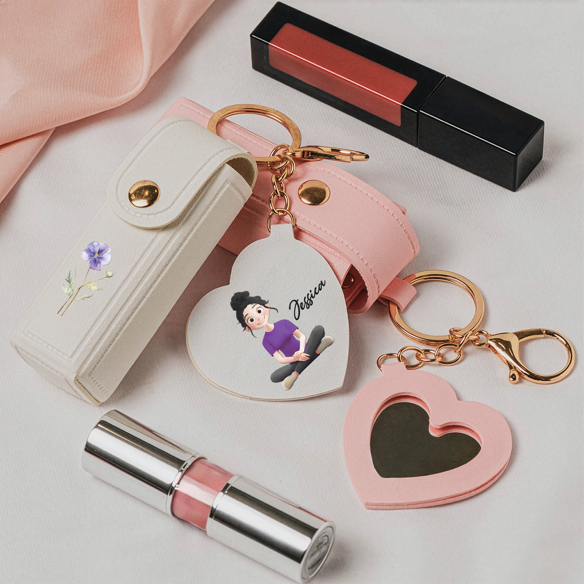 Custom Birth Flower For Her, Daughter, Wife Light Ver - Personalized Leather Lipstick Case With Mirror Keychain